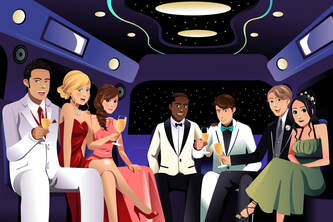 Cartoon image of people inside a limo on the way to prom.